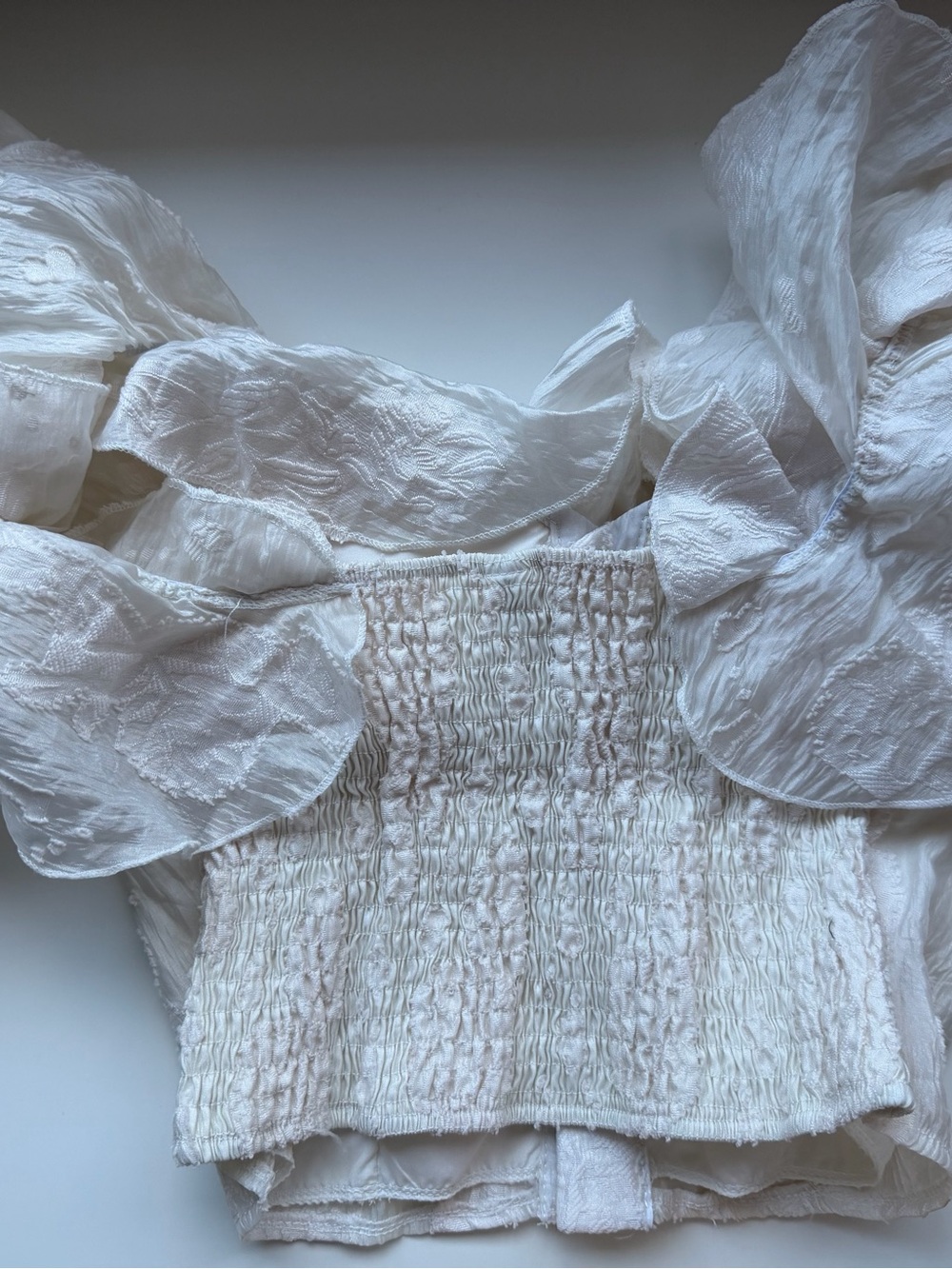 White Off-Shoulder Ruffle Eyelet Crop Top - Picture 6 of 7